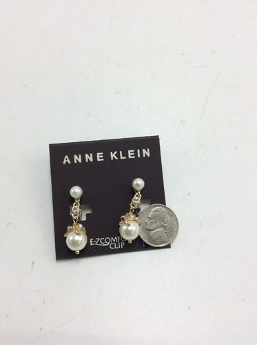 $28 Anne Klein gold tone crystal imitation pearl drop Clip-On Earrings #505 - Picture 6 of 6