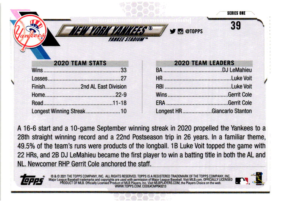 2021 topps series one New York Yankees Team Card 39 eBay