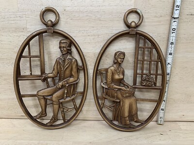 Vintage Syroco Wall Hanging Plaques Colonial Man and Woman Brown Oval