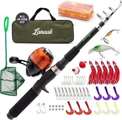 Kids Fishing Pole – Portable Telescopic Rod Set with Tackle Box, Black 