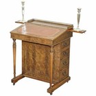 VINTAGE BURR WALNUT, LEATHER & BRASS GALERY RAIL DAVENPORT DESK WORKSTATION