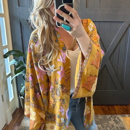 L New Boho Floral Kimono Sleeve Cardigan Floral Top Cover-Up Women's Size LARGE - Picture 2 of 12