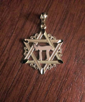 14K BICOLOR GOLD DAVIDSTERN & CHAI CHARM ANHÄNGER - 1,1'' ZOLL LÄNGE