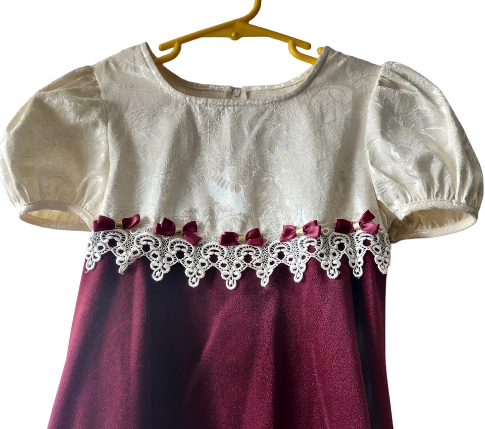 Vestido Bonnie Jean Niñas Marfil Terciopelo Borgoña S/S Corbata Trasera Fiesta Vacaciones 5 Foto 3 de 4