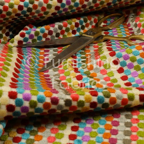 Modern Bright Multicolour Geometric Polka Dot Pattern Velvet Upholstery Fabric - Picture 2 of 5