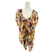 Ivy Jane Silk Taupe Purple Floral Pattern V Neck Blouse Womens Size Small