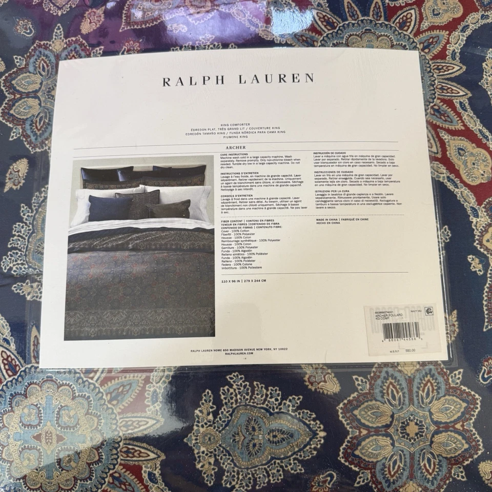 Edredón Ralph Lauren Archer Foulard Talla King Azul Marino $550 Nuevo 110 X 96 Foto 3 de 3