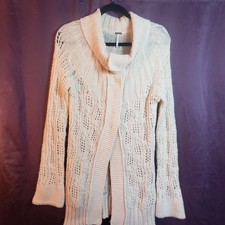 Free People 100 Wool Snap-Front Open Knit Cardigan Long Cream Sweater Small EUC