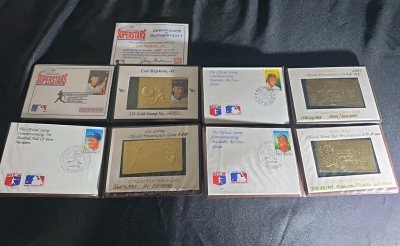 Stan Musial, Willie Mays, Lou Gehrig, & Cal Rip 23KT GOLD Plated Baseball Stamps