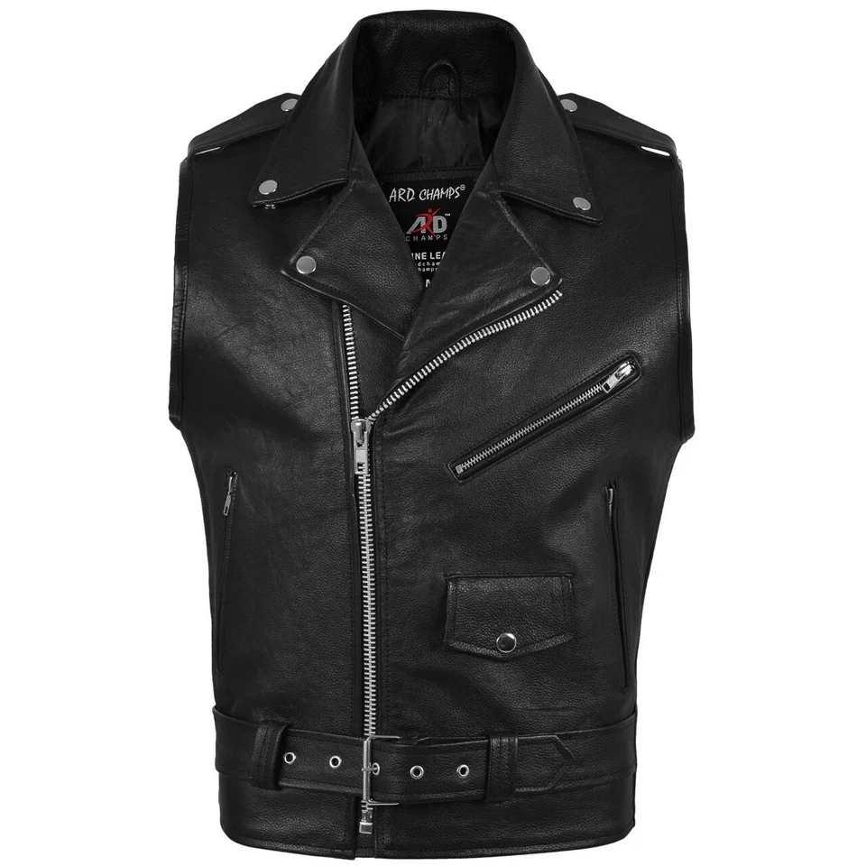 ARD™ Hombre Sin Mangas Motociclista Clásico Chaleco Cinturón Punk Chaqueta de Cuero Genuino Foto 2 de 4