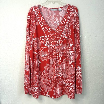 Susan Graver Floral Top Womens 2X V-neck Long Sleeve Elastic Cuffs Red White
