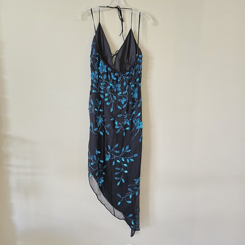 Cache beaded sequin floral halter asymmetrical dress prom silk Y2K vintage fairy - Picture 10 of 14