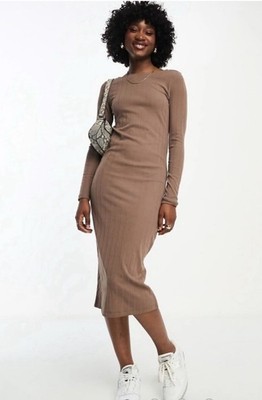 vera moda solid Fossil Vmaggi brown long sleeve midi dress knit Large