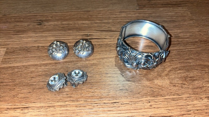 Vintage Silver Tone Cuff Clasp Bracelet w/ Two Pairs of Earrings