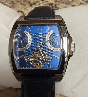 JACOT CLANCY MENS AUTOMATIC RETROGRADE LUXURY STAINLESS WATCH NEW LEATHER BLUE