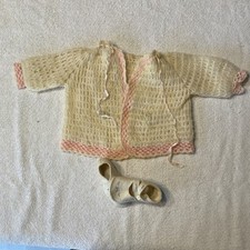Vintage Hand Crocheted Little Baby Girls Sweater With Matching Booties.