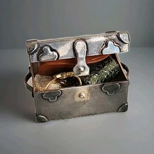  Vintage Dollhouse Miniature Metal Silver Trunk Or Treasure Chest Hinged Artisan