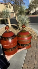 Lot If 2 Antique Wooden Kum Kum Powder Tika Box Original Old Lacquer Painted