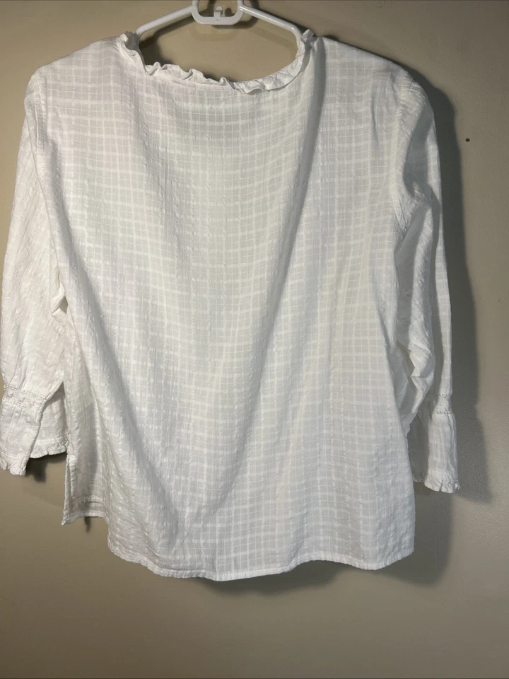 Blusa Erika L Blanca Botón Peplum Dobladillo Cuello Redondo Boho Top Romántico Foto 4 de 4