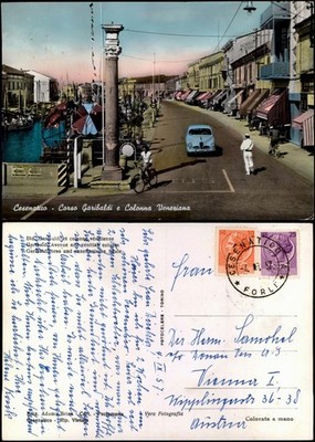 Cesenatico Garibaldi Strassen Ansicht, Hafen Geschäfte altes Auto 1957