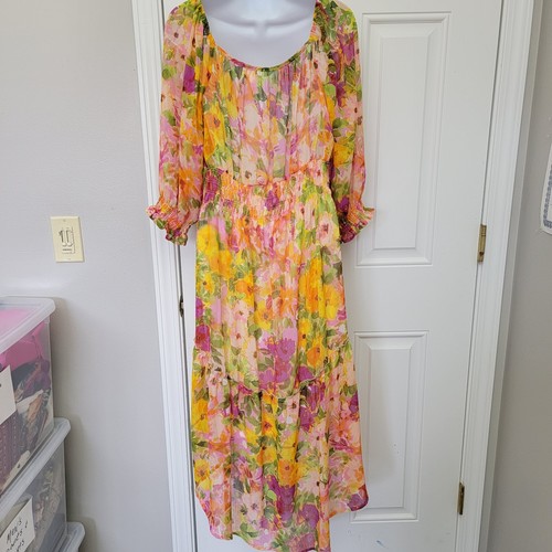 Fig And Flower Anthropologie Hi Low Chiffon Aquarell Blumen Kleid Größe L - Bild 7 von 15