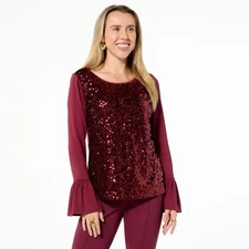 C Wonder by Christian Siriano Ruffle Cuff Sequin Detail Top Shirt Merlot L New