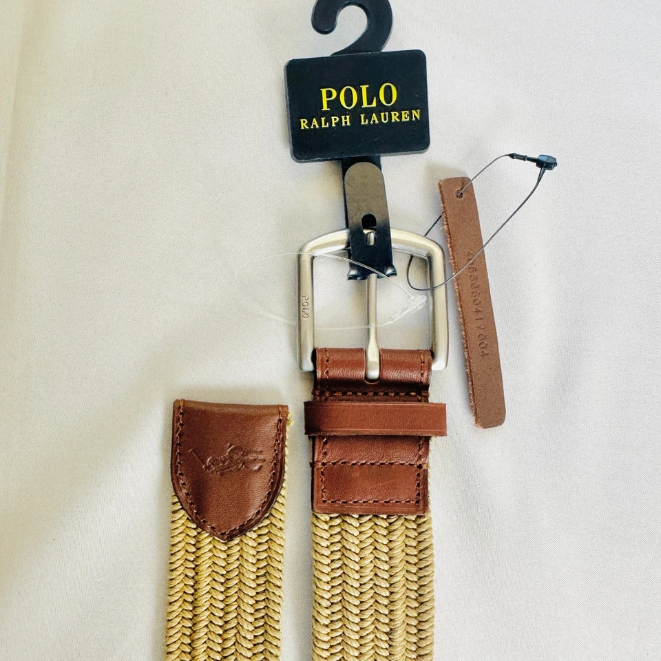Nuevo con etiquetas Polo Ralph Lauren Tejido Cinturón Elástico Borde de Cuero Marrón Para Hombres M Preppy Viaje Foto 2 de 4