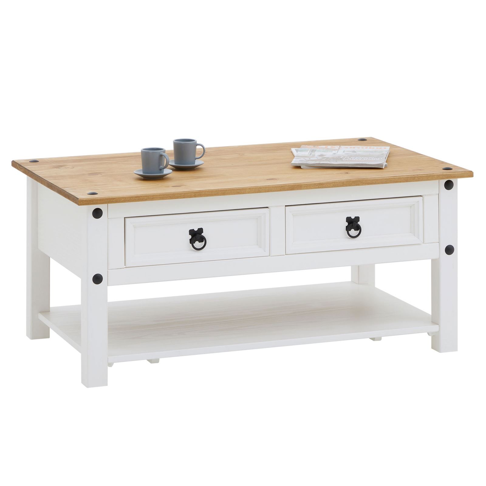 Table basse salon pin massif blanc brun anti-encombrement