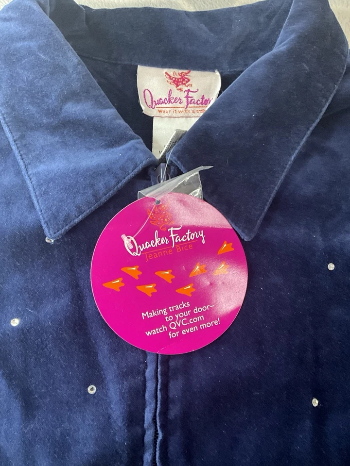 Quacker Factory Womens XL Velour Full Zip Track Jacket Diamanté Studs Navy Blue - Image 4 of 4