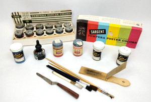 Vintage Sargent Tempera Poster Colors w/Orig Box & Paint Brushes, Art Supplies