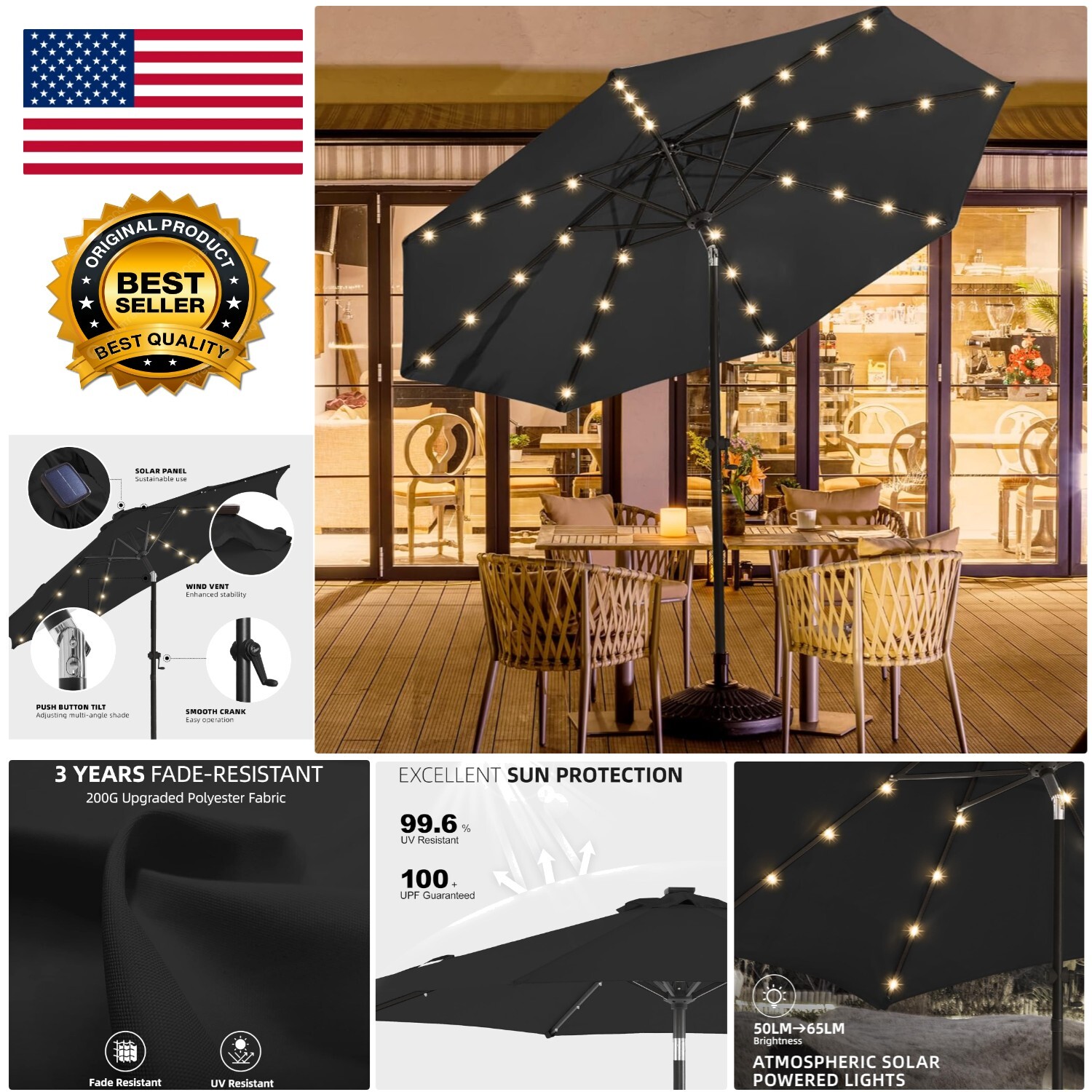 Lightweight 9ft Outdoor Umbrella with Sturdy Aluminum Frame & Solar Lights