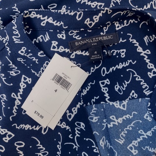 Banana Republic NWT Dress Button Front Sash Blue Text Graphic Long Sleeve 4 - Picture 5 of 7