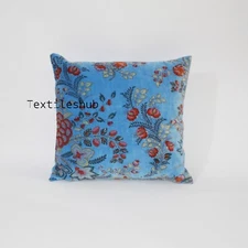 Sky Blue Floral Velvet Cushion Cover Pillow Throw Ethnic Indian Handmade Cover
