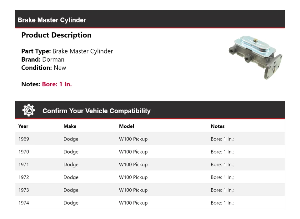 Cilindro maestro de freno Dorman para camioneta Dodge W100 1969-1974 1970 1971 1972 1973 Foto 2 de 4