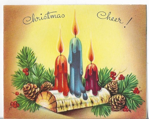 Used Vtg CHRISTMAS CARD-approx 5x4" Log with Colorful Candles Pine Pinecones