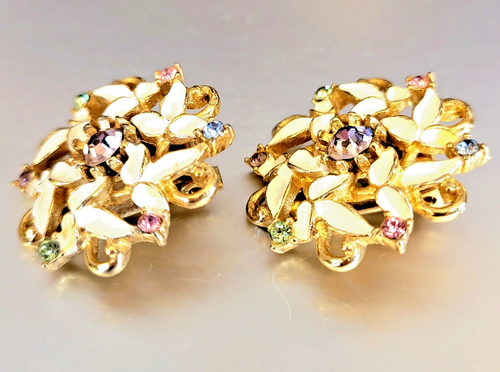 Vintage ART Arthur Pfeffer Blume Ohrringe Emaille Pastellfarben Strass Clip On - Bild 11 von 23