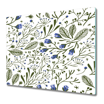 Glas-Herdabdeckplatte Ceranfeldabdeckung 60x52 Grüne Äste mit Blaue Blumen
