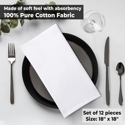 White Dinner Napkins 100% Cotton Cloth Napkins (Set of 12) 18X18 Inches Absorben - Picture 5 of 9