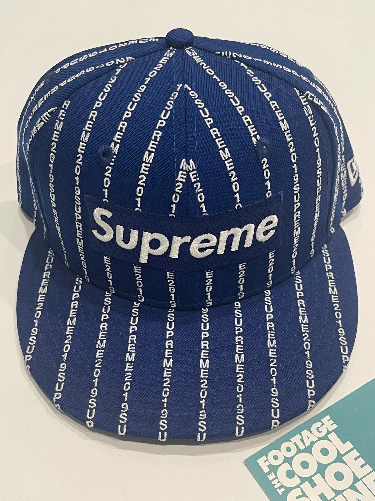 CHAPEAU RAYURE TEXTE SUPRÊME BLEU ROYAL BLANC LOGO BOÎTE 7 1/4 2019 NEW ERA 59FIFTY 7