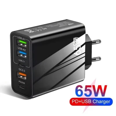 Schnellladegerät 65W Netzteil 5-fach 2x USB-C + 3x USB Charger Mehrfach-Stecker - Bild 1 von 4