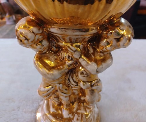 VINTAGE SOAP DISH CHERUB ANGEL CERAMIC COMPOTE PEDESTAL GOLD HOLLYWOOD REGENCY - Picture 15 of 19