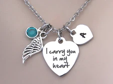 I Carry You in my Heart Necklace w/ Birthstone & Initial, Memorial Jewelry Gift