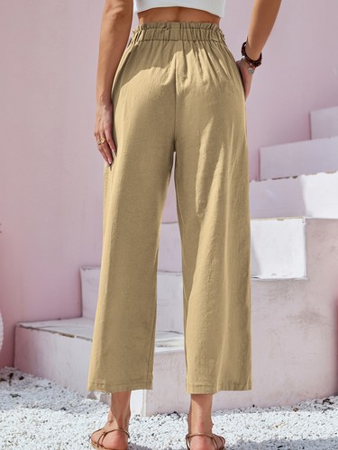 Lady Cotton Linen High Waist Trousers Wide Legs Summer Casual Elastic Pants SIZE - Picture 18 of 41