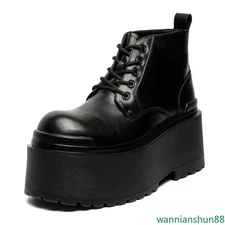 Men's Fashion Punk Faux Leather Shoes High Platform Lace-up Ankle Boots Biker