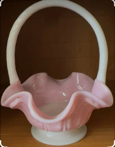 Fenton Pink White Hand Blown Art Glass Decorative Basket with Handles Glossy