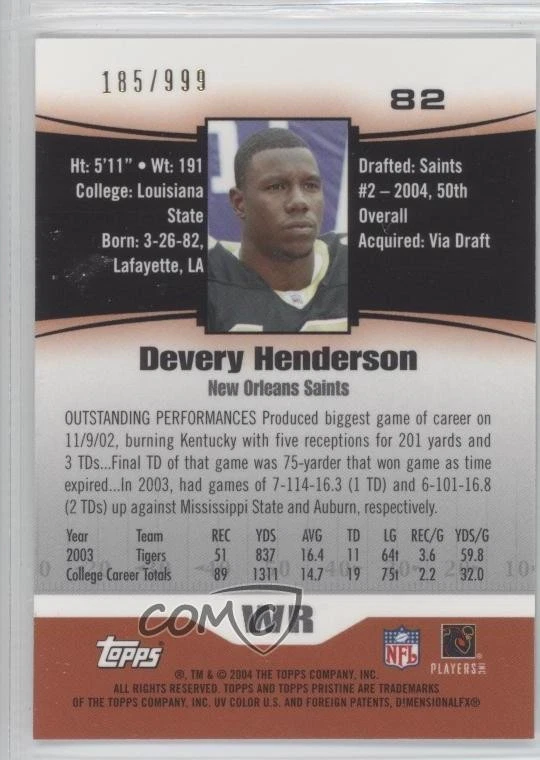2004 Topps Pristine /999 Devery Henderson #82 Rookie RC - Image 2 of 2
