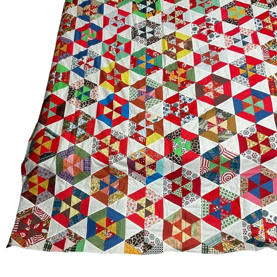 Vintage Scrappy Hexagon Star Quilt Top Only Red White Multi 1940s Hand Pieced - Image 2 of 4
