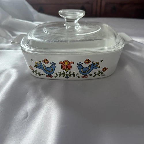 Vtg CORNING Ware Country Festival 1 Qt Baking Dish Blue Birds With Pyrex Lid