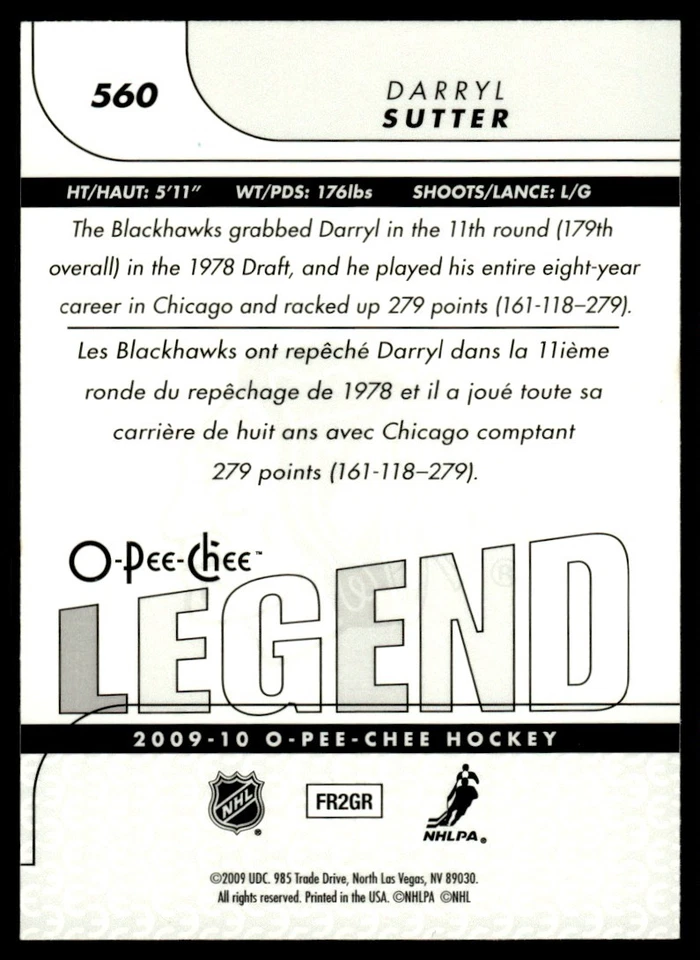 2009-10 O-Pee-Chee MARQUEE LEGEND FOIL Darryl Sutter Chicago Blackhawks #560 - Image 2 of 2