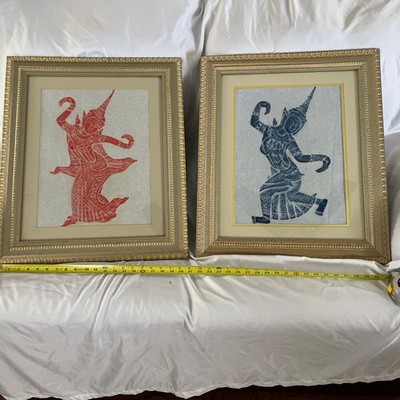 Vintage Red and Blue Thai Temple Rubbings with Matching Classy Frames Awesome!